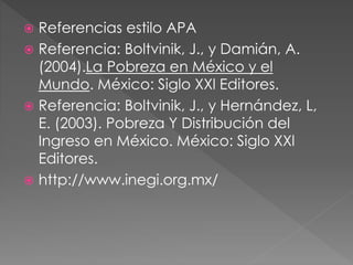  Referencias estilo APA
 Referencia: Boltvinik, J., y Damián, A.
(2004).La Pobreza en México y el
Mundo. México: Siglo XXl Editores.
 Referencia: Boltvinik, J., y Hernández, L,
E. (2003). Pobreza Y Distribución del
Ingreso en México. México: Siglo XXl
Editores.
 http://www.inegi.org.mx/
 