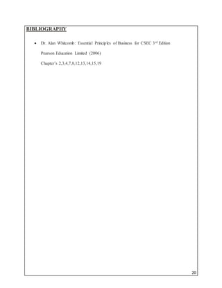 20
BIBLIOGRAPHY
 Dr. Alan Whitcomb: Essential Principles of Business for CSEC 3rd Edition
Pearson Education Limited (2006)
Chapter’s 2,3,4,7,8,12,13,14,15,19
 