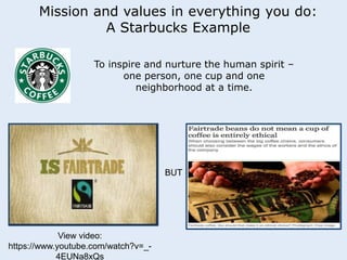 Mission and values in everything you do: 
A Starbucks Example 
To inspire and nurture the human spirit – 
one person, one cup and one 
neighborhood at a time. 
View video: 
https://www.youtube.com/watch?v=_- 
4EUNa8xQs 
BUT 
 
