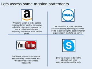 Lets assess some mission statements 
Dell’s mission is to be the most 
successful computer company in the 
world at delivering the best customer 
experience in markets we serve. 
YouTube’s mission is to provide 
fast and easy video access and 
the ability to share videos 
frequently 
Skype’s mission is to be the 
fabric of real-time 
communication on the web. 
Amazon’s vision is to be earth’s 
most customer centric company; 
to build a place where people can 
come to find and discover 
anything they might want to buy 
online. 
 