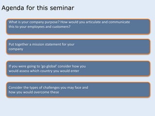 Agenda for this seminar 
What is your company purpose? How would you articulate and communicate 
this to your employees and customers? 
Put together a mission statement for your 
company 
If you were going to ‘go global’ consider how you 
would assess which country you would enter 
Consider the types of challenges you may face and 
how you would overcome these 
 