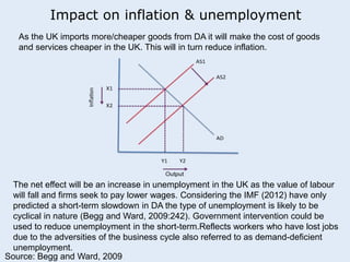 Impact on inflation & unemployment 
As the UK imports more/cheaper goods from DA it will make the cost of goods 
and services cheaper in the UK. This will in turn reduce inflation. 
	 
The net effect will be an increase in unemployment in the UK as the value of labour 
will fall and firms seek to pay lower wages. Considering the IMF (2012) have only 
predicted a short-term slowdown in DA the type of unemployment is likely to be 
cyclical in nature (Begg and Ward, 2009:242). Government intervention could be 
used to reduce unemployment in the short-term.Reflects workers who have lost jobs 
due to the adversities of the business cycle also referred to as demand-deficient 
unemployment. 
Source: Begg and Ward, 2009 
 