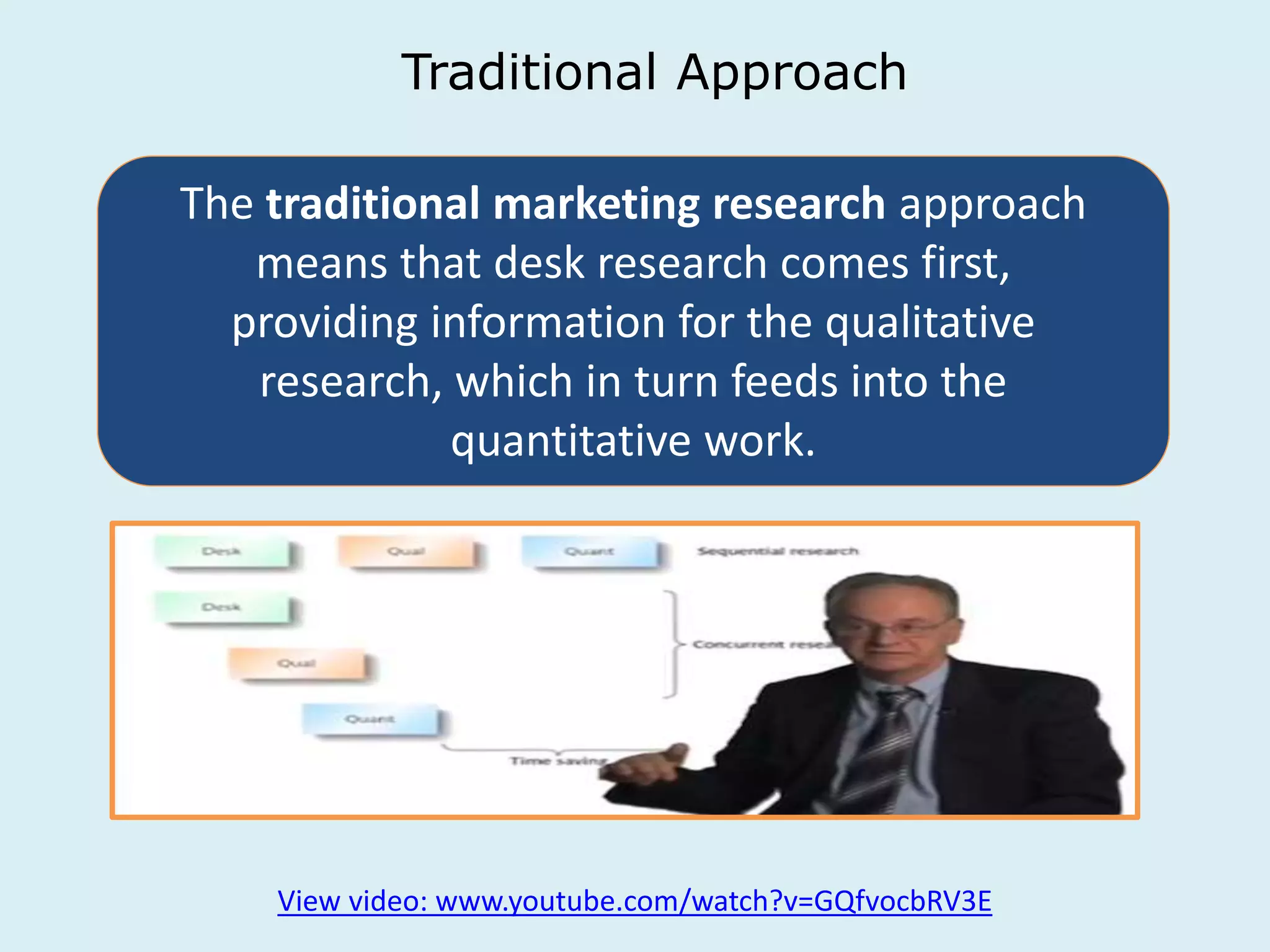 Traditional Approach 
The traditional marketing research approach 
means that desk research comes first, 
providing information for the qualitative 
research, which in turn feeds into the 
quantitative work. 
View video: www.youtube.com/watch?v=GQfvocbRV3E 
 