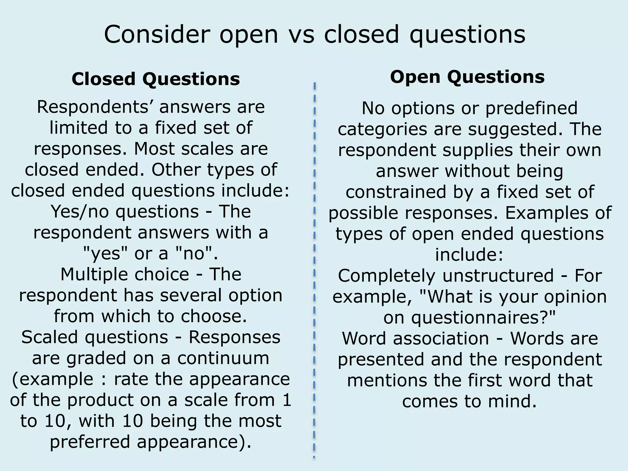 Consider open vs closed questions 
Closed Questions Open Questions 
Respondents’ answers are 
limited to a fixed set of 
responses. Most scales are 
closed ended. Other types of 
closed ended questions include: 
Yes/no questions - The 
respondent answers with a 
"yes" or a "no". 
Multiple choice - The 
respondent has several option 
from which to choose. 
Scaled questions - Responses 
are graded on a continuum 
(example : rate the appearance 
of the product on a scale from 1 
to 10, with 10 being the most 
preferred appearance). 
No options or predefined 
categories are suggested. The 
respondent supplies their own 
answer without being 
constrained by a fixed set of 
possible responses. Examples of 
types of open ended questions 
include: 
Completely unstructured - For 
example, "What is your opinion 
on questionnaires?" 
Word association - Words are 
presented and the respondent 
mentions the first word that 
comes to mind. 
 