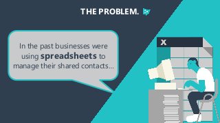 THE PROBLEM.
In the past businesses were
using spreadsheets to
manage their shared contacts…
 