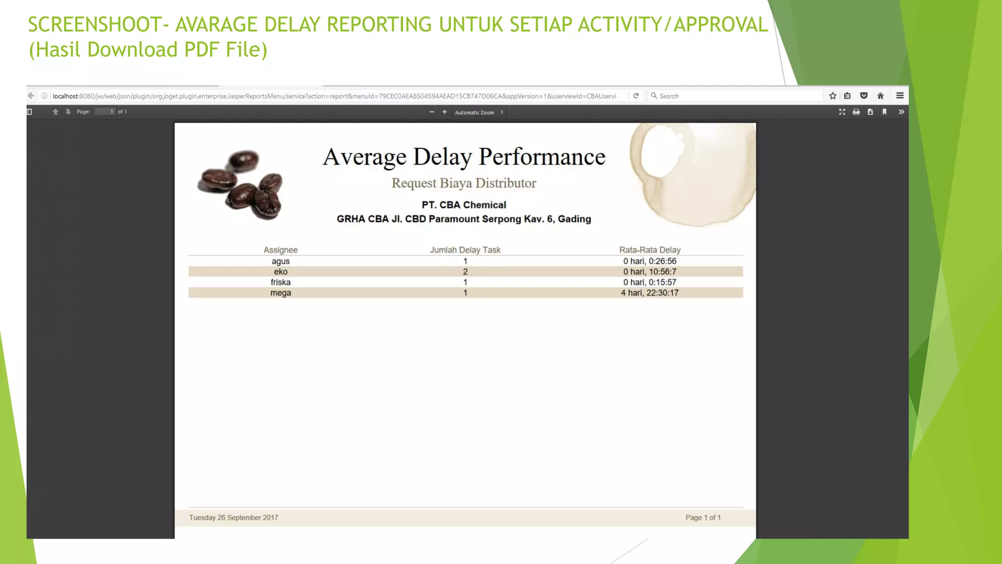 SCREENSHOOT- AVARAGE DELAY REPORTING UNTUK SETIAP ACTIVITY/APPROVAL
(Hasil Download PDF File)
 