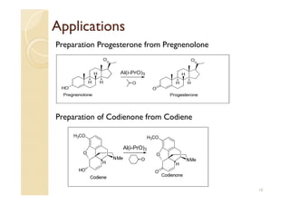 Applications
Preparation of Codienone from Codiene
Preparation Progesterone from Pregnenolone
10
 