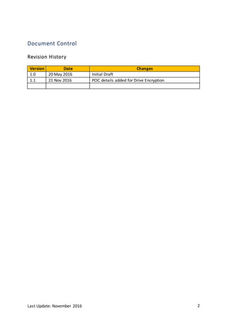 Last Update: November 2016 2
Document Control
Revision History
Version Date Changes
1.0 20 May 2016 Initial Draft
1.1 21 Nov 2016 POC details added for Drive Encryption
 