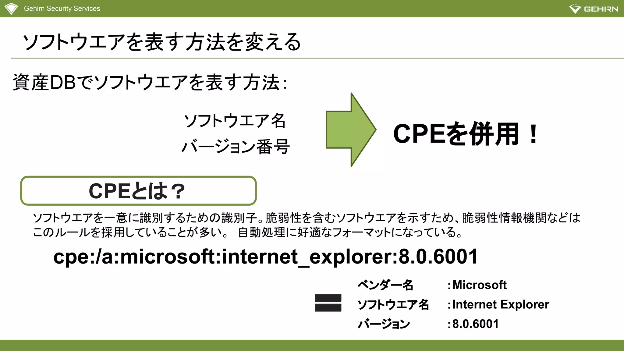 Gehirn Security Services
ソフトウエアを表す方法を変える
cpe:/a:microsoft:internet_explorer:8.0.6001
ソフトウエア名
バージョン番号
ソフトウエアを一意に識別するための識別子。脆弱性を含むソフトウエアを示すため、脆弱性情報機関などは
このルールを採用していることが多い。 自動処理に好適なフォーマットになっている。
ベンダー名
ソフトウエア名
バージョン
CPEとは？
CPEを併用！
資産DBでソフトウエアを表す方法：
：Microsoft
：Internet Explorer
：8.0.6001
 