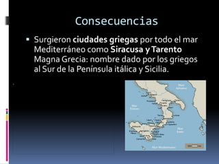 Consecuencias
 Surgieron ciudades griegas por todo el mar
  Mediterráneo como Siracusa y Tarento
  Magna Grecia: nombre dado por los griegos
  al Sur de la Península itálica y Sicilia.
 