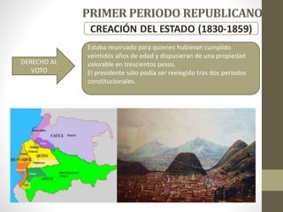 DERECHO AL
VOTO
Estaba reservado para quienes hubieran cumplido
veintidós años de edad y dispusieran de una propiedad
valorable en trescientos pesos.
El presidente sólo podía ser reelegido tras dos periodos
constitucionales.
 