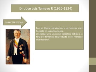 Dr. José Luis Tamayo R (1920-1924)
Fue un liberal convencido y un hombre muy
honesto en sus actuaciones.
el Ecuador vivió una crisis cacaotera debido a la
falta de demanda del producto en el mercado
internacional.
 