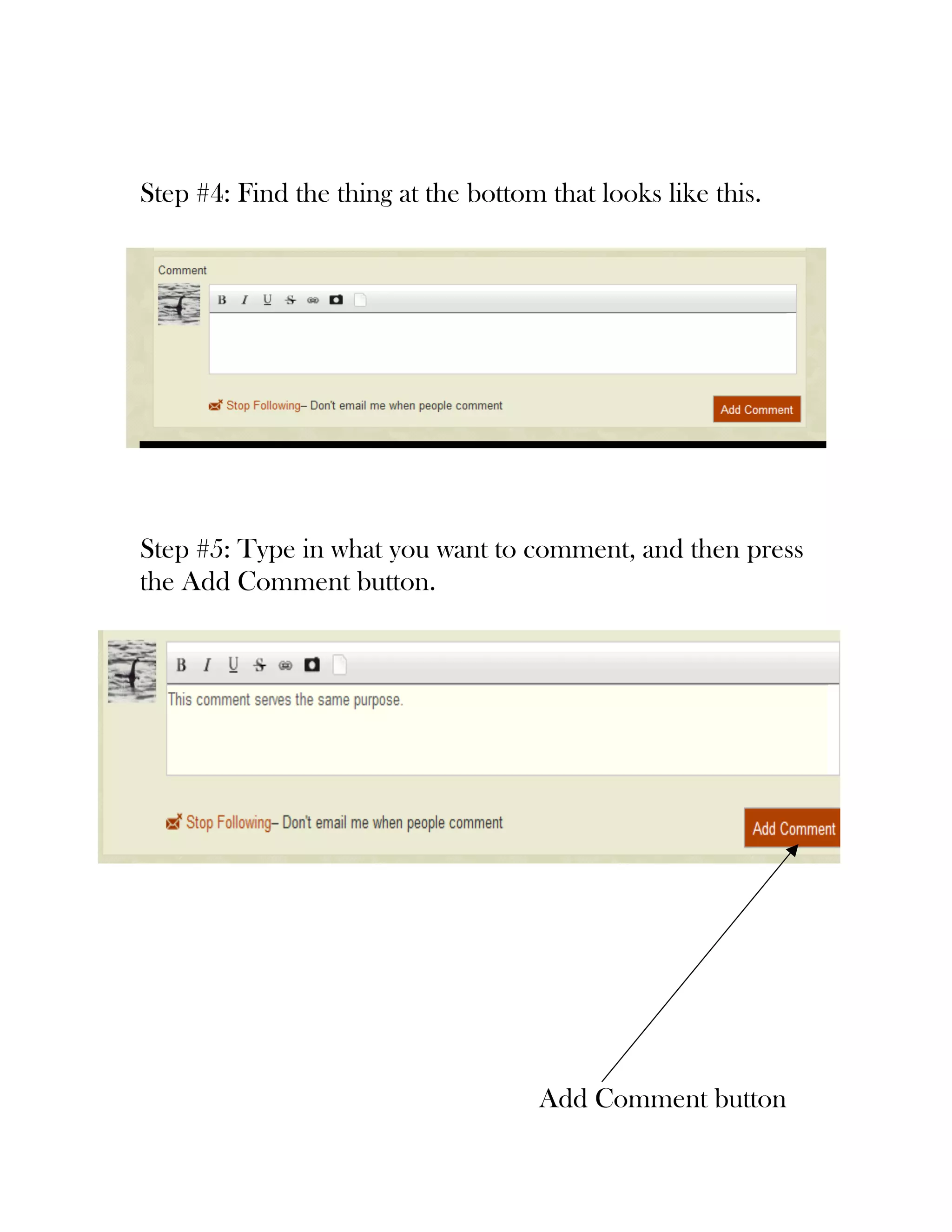 Step #4: Find the thing at the bottom that looks like this.




Step #5: Type in what you want to comment, and then press
the Add Comment button.




                                     Add Comment button
 
