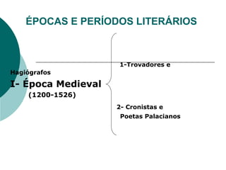 ÉPOCAS E PERÍODOS LITERÁRIOS
1-Trovadores e
Hagiógrafos
I- Época Medieval
(1200-1526)
2- Cronistas e
Poetas Palacianos
 