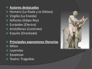    Autores destacados
   Homero (La Íliada y la Odisea)
   Virgilio (La Eneida)
   Sófocles (Edipo Rey)
   Eurípides ...