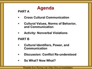 Agenda 
PART A 
 Cross Cultural Communication 
 Cultural Values, Norms of Behavior, 
and Communication 
 Activity: Nonverbal Violations 
PART B 
 Cultural Identifiers, Power, and 
Communication 
 Discussion: Conflict Re-understood 
 So What? Now What? 
Rosetta Eun Ryong Lee (http://tiny.cc/rosettalee) 
 
