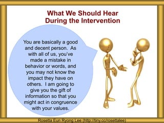 What We Should Hear 
During the Intervention 
You are basically a good 
and decent person. As 
with all of us, you’ve 
made a mistake in 
behavior or words, and 
you may not know the 
impact they have on 
others. I am going to 
give you the gift of 
information so that you 
might act in congruence 
with your values. 
Rosetta Eun Ryong Lee (http://tiny.cc/rosettalee) 
 