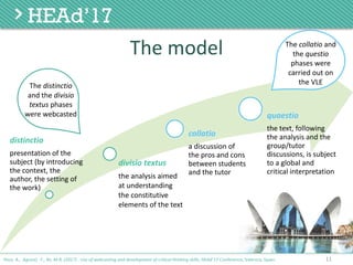 The	model
11Poce, A., Agrusti, F., Re, M.R. (2017) . Use of webcasting and development of critical thinking skills, HEAd’17 Conference, Valencia, Spain.
distinctio
presentation	of	the	
subject	(by	introducing	
the	context,	the	
author,	the	setting	of	
the	work)
divisio textus
the	analysis	aimed	
at	understanding	
the	constitutive	
elements	of	the	text	
collatio
a	discussion	of	
the	pros	and	cons	
between	students	
and	the	tutor
quaestio
the	text,	following	
the	analysis	and	the	
group/tutor	
discussions,	is	subject	
to	a	global	and	
critical	interpretation
The	collatio and	
the	questio
phases	were	
carried	out	on	
the	VLEThe	distinctio
and	the	divisio
textus phases	
were	webcasted
 