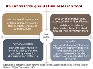 An innovative qualitative research tool
relevance and importance
contains indicators linked to
formal characteristics of
c...