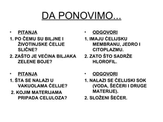 DA PONOVIMO...
• PITANJA
1. PO ČEMU SU BILJNE I
ŽIVOTINJSKE ĆELIJE
SLIČNE?
2. ZAŠTO JE VEĆINA BILJAKA
ZELENE BOJE?
• ODGOVORI
1. IMAJU ĆELIJSKU
MEMBRANU, JEDRO I
CITOPLAZMU.
2. ZATO ŠTO SADRŽE
HLOROFIL.
• PITANJA
1. ŠTA SE NALAZI U
VAKUOLAMA ĆELIJE?
2. KOJIM MATERIJAMA
PRIPADA CELULOZA?
• ODGOVORI
1. NALAZI SE ĆELIJSKI SOK
(VODA, ŠEĆERI I DRUGE
MATERIJE).
2. SLOŽENI ŠEĆER.
 