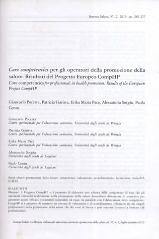 Core competencies per gli operatori della promozione della salute. Risultati del Progetto CompH.  Giancarlo Pocetta, Patri...