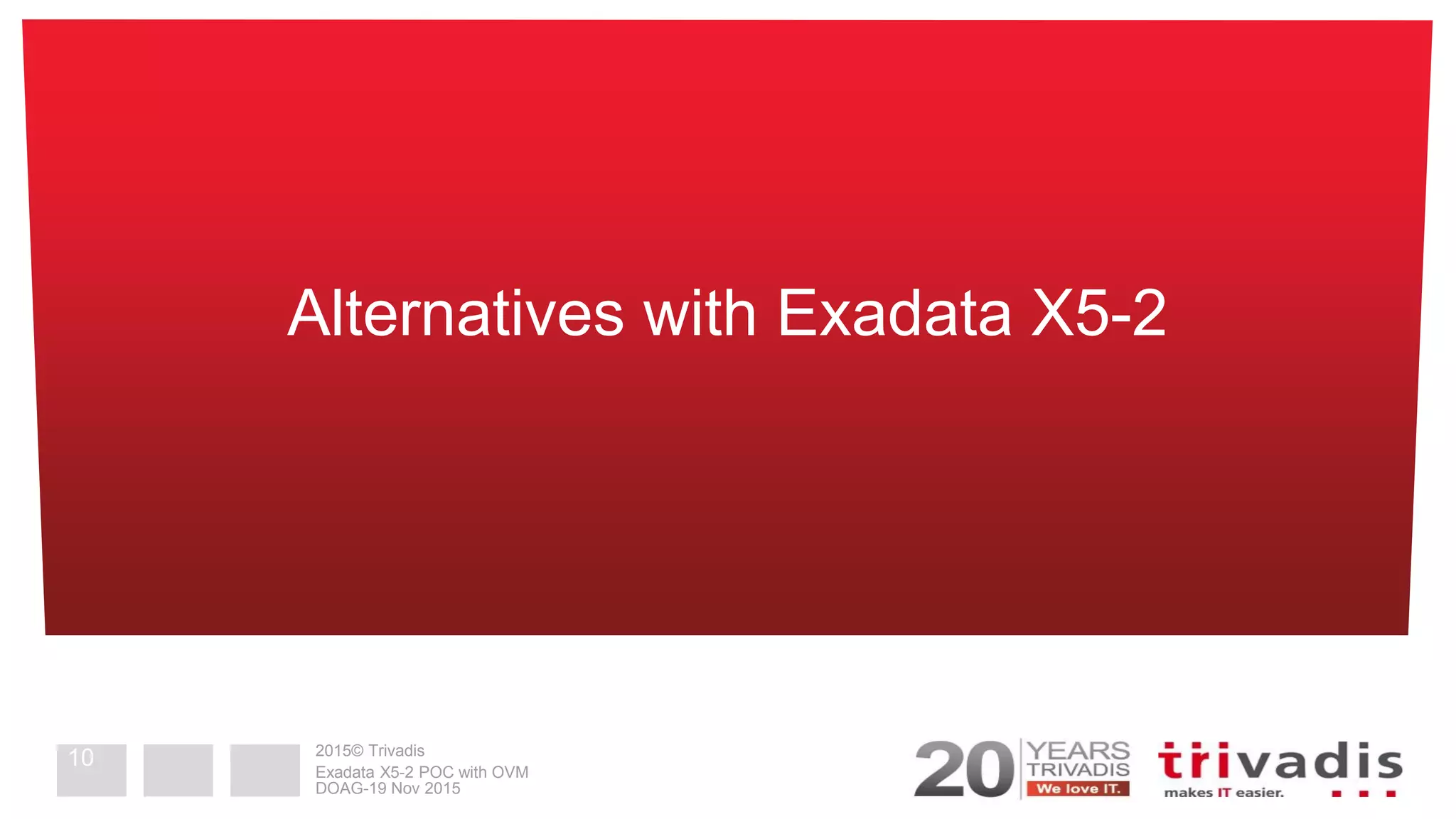 2015© Trivadis
Alternatives with Exadata X5-2
DOAG-19 Nov 2015
Exadata X5-2 POC with OVM
10
 