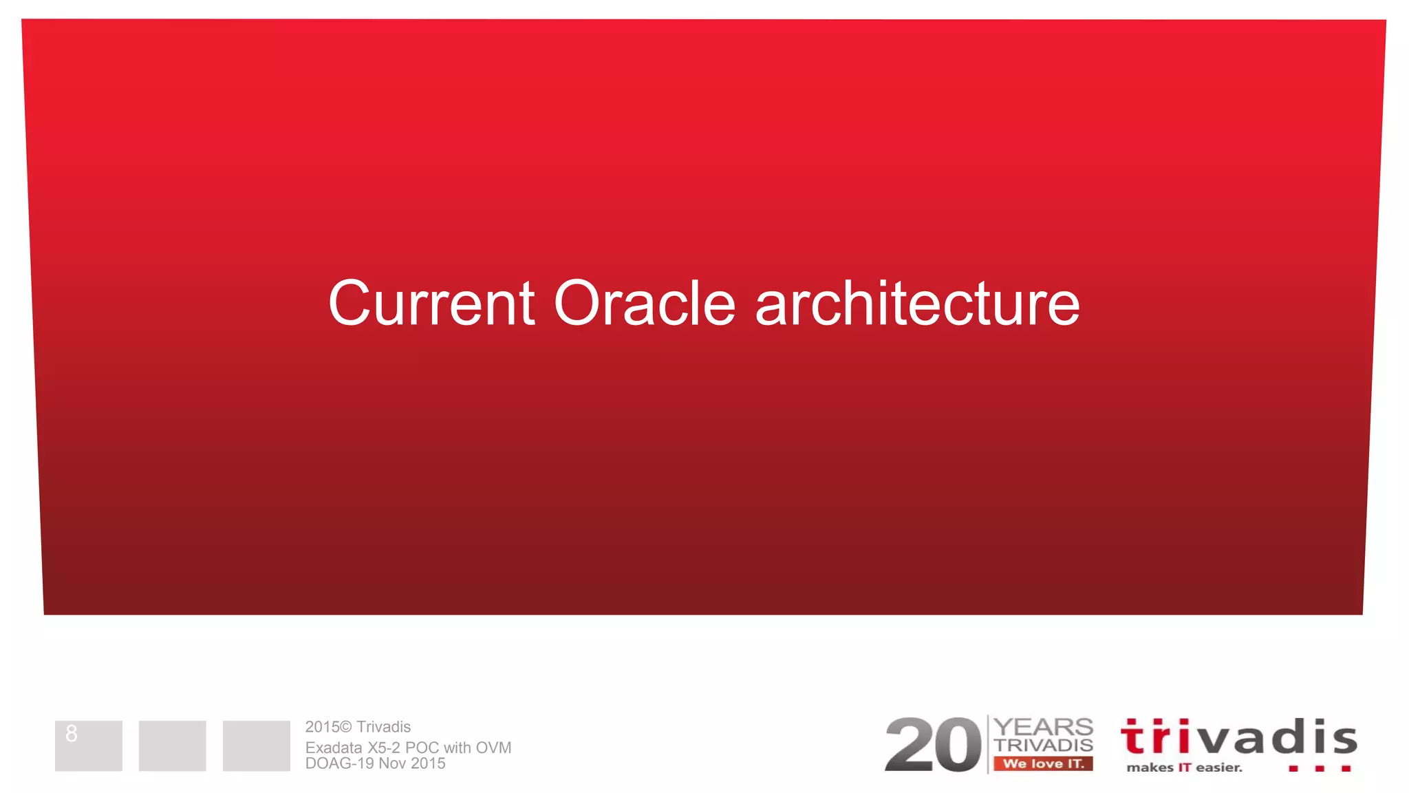 2015© Trivadis
Current Oracle architecture
DOAG-19 Nov 2015
Exadata X5-2 POC with OVM
8
 