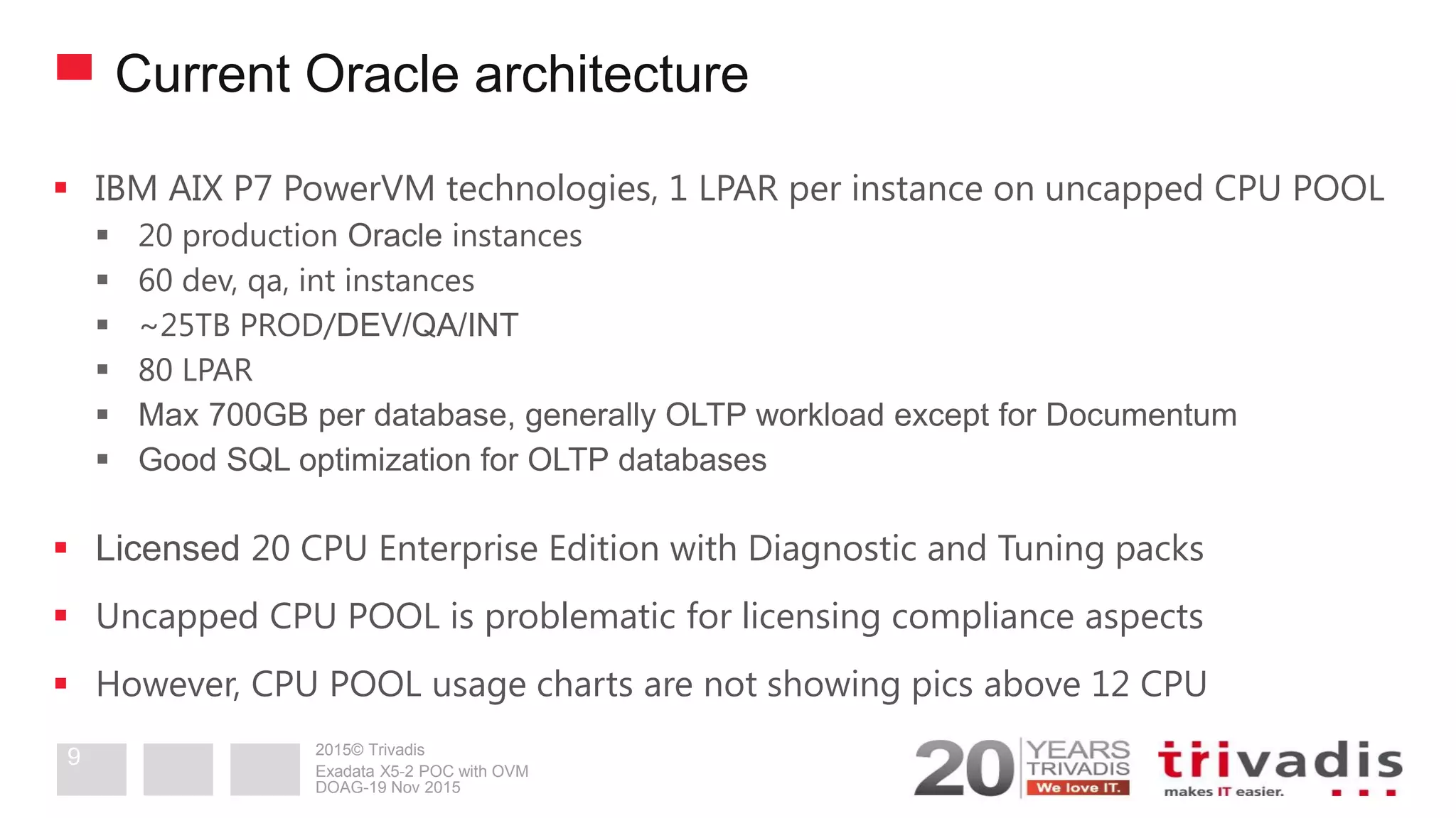 2015© Trivadis
Current Oracle architecture
 IBM AIX P7 PowerVM technologies, 1 LPAR per instance on uncapped CPU POOL
 20 production Oracle instances
 60 dev, qa, int instances
 ~25TB PROD/DEV/QA/INT
 80 LPAR
 Max 700GB per database, generally OLTP workload except for Documentum
 Good SQL optimization for OLTP databases
 Licensed 20 CPU Enterprise Edition with Diagnostic and Tuning packs
 Uncapped CPU POOL is problematic for licensing compliance aspects
 However, CPU POOL usage charts are not showing pics above 12 CPU
DOAG-19 Nov 2015
Exadata X5-2 POC with OVM
9
 