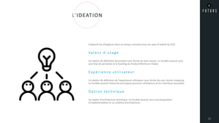 L’objectif est d’explorer dans un temps contraint tous les axes d’intérêt du POC
Va l e u r d ’ u s a g e
Un atelier de définition du produit sous forme de lean canvas. Le livrable associé sera
une liste de personae et le backlog du Produit Minimum Viable.
E x p é r i e n c e u t i l i s a t e u r
Un atelier de définition de l'expérience utilisateur sous forme de user stories mapping.
Le livrable associé listera les principaux parcours utilisateurs et les interfaces associées.
O p t i o n t e c h n i q u e
Un atelier d'architecture technique. Le livrable associé sera une proposition
d'implémentation et un schéma d’architecture.
13
L’IDEATION
 