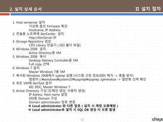 12
2. 설치 상세 순서
1. Host xenserver 설치
가상화 옵션 Firmware 확인
Hostname, IP Address
2. 콘솔용 노트북에 XenCenter 설치
http://XenServer IP
3. Storage Repository 생성
CIFS Library 만들기 ( ISO 폴더 파일)
4. Windows 2008 설치
Active Directory용 VM
5. Windows 2008 복사
Desktop Delivery Controller용 VM
Full copy 선택
6. Windows 7 설치
Master Windows 7용 VM
7. 복사된 Windows 2008에서 syprep 실행 (시스템 고유 정보(SID) 제거 -> 충돌 방지)
명령어 c:windowssystem32sysprepsysprep /generalize -> 일반화 선택 확인
8. 모든 VM에 XenTool 설치
AD, DDC, Master Windows 7
9. Active Directory 구성 (도메인 생성, 사용자 생성)
IP Adress, Host name 설정
VDI용 Domain 구성
Domain administrator 암호 변경
 Local administrator 와 다른 암호 ( 설치 시 계정 오류예방 )
 Local administrator로 설치 시 SQL DB 생성 시 오류 발생
Ⅱ 설치 절차
 