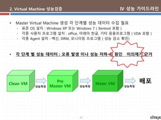 37
2. Virtual Machine 성능검증
• Master Virtual Machine 생성 각 단계별 성능 데이터 수집 필요
- 표준 OS 설치 : Windows XP 또는 Windows 7 ( Xentool 포함 )
- 각종 사용자 프로그램 설치 : office, 아래아 한글, 기타 응용프로그램 ( VDA 포함 )
- 각종 Agent 설치 : 백신, DRM, 모니터링 프로그램 ( 성능 감소 확인)
• 각 단계 별 성능 데이터 : 오류 발생 이나 성능 저하 시 원인 이의제기 근거
Ⅳ 성능 가이드라인
Clean VM
Pre
Master VM
Mater VM
성능측정 성능측정 성능측정
배포
 