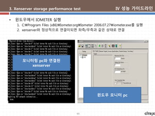 44
3. Xenserver storage performance test
• 윈도우에서 IOMETER 실행
1. C:Program Files (x86)Iometer.orgIometer 2006.07.27iometer.exe를 실행
2. xenserver와 정상적으로 연결이되면 좌측/우측과 같은 상태로 연결
모니터링 pc와 연결된
xenserver
윈도우 모니터 pc
Ⅳ 성능 가이드라인
 