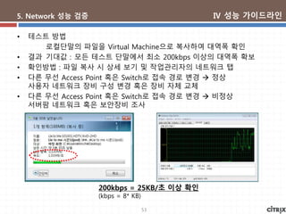 53
5. Network 성능 검증
• 테스트 방법
로컬단말의 파일을 Virtual Machine으로 복사하여 대역폭 확인
• 결과 기대값 : 모든 테스트 단말에서 최소 200kbps 이상의 대역폭 확보
• 확인방법 : 파일 복사 시 상세 보기 및 작업관리자의 네트워크 탭
• 다른 무선 Access Point 혹은 Switch로 접속 경로 변경  정상
사용자 네트워크 장비 구성 변경 혹은 장비 자체 교체
• 다른 무선 Access Point 혹은 Switch로 접속 경로 변경  비정상
서버팜 네트워크 혹은 보안장비 조사
200kbps = 25KB/초 이상 확인
(kbps = 8* KB)
Ⅳ 성능 가이드라인
 