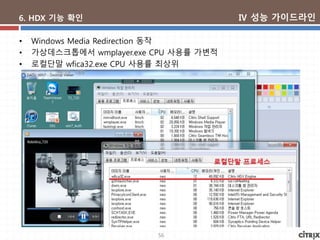56
6. HDX 기능 확인
• Windows Media Redirection 동작
• 가상데스크톱에서 wmplayer.exe CPU 사용률 가변적
• 로컬단말 wfica32.exe CPU 사용률 최상위
Ⅳ 성능 가이드라인
 