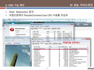 57
6. HDX 기능 확인
• Flash Redirection 동작
• 로컬단말에서 PseudoConainer2.exe CPU 사용률 최상위
Ⅳ 성능 가이드라인
 
