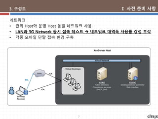 7
3. 구성도
네트워크
• 관리 Host와 운영 Host 동일 네트워크 사용
• LAN과 3G Network 동시 접속 테스트  네트워크 대역폭 사용률 강점 부각
• 각종 모바일 단말 접속 환경 구축
Ⅰ 사전 준비 사항
 