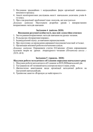 3. Поєднання традиційних і нетрадиційних форм організації навчально-
виховного процесу.
4. Аналіз моніторингових досліджень якості навчальних досягнень учнів 4-
го класу.
5. Про стан реалізації проблемної теми вчителів, які атестуються
Домашнє завдання: Підготувати розробки уроків з використанням
інтерактивних методів навчання
Засідання 4 (квітень 2020)
Виховання розумної особистості, яка вміє самостійно вчитися
1. Застосування інтерактивних методів навчання на уроках читання.
2. Рольовагра «Інтерактивні вправи».
3. Індивідуальний підхід до навчання першокласників.
4. Про підготовку до проведення державної підсумкової атестації в 4 класі.
5. Організація виховної роботив початкових класах.
Домашнє завдання: Опрацювати статтю О.Савченко «Етапи опрацювання
художніх творів на уроках літературного читання» (Початкова школа .-
2019.-№ 9)
Засідання 5 (травень 2020)
Підсумки роботи методичного об’єднання впродовж навчального року
1. Підсумки роботи методичного об’єднання за2019-2020навчальний рік.
2. Тестування як об’єктивнийметод контролю якостізнань учнів.
3. Діагностичне анкетування щодо організації методичної роботи на
наступний навчальний рік.
4. Тренінгове заняття «Я крокую до майстерності»
 