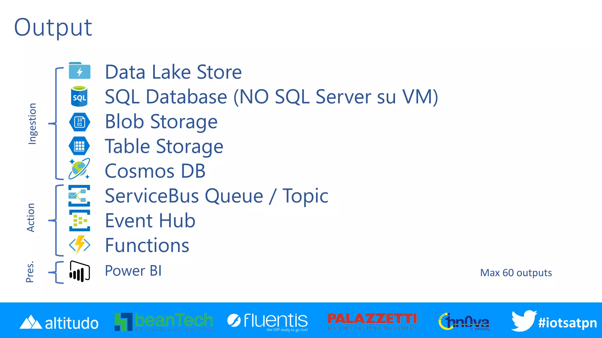 #disatpn#iotsatpn
Output
Data Lake Store
SQL Database (NO SQL Server su VM)
Blob Storage
Table Storage
Cosmos DB
ServiceBus Queue / Topic
Event Hub
Functions
Power BI Max 60 outputs
IngestionActionPres.
 