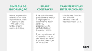 Dentro do protocolo
do Blockchain e das
criptomoedas, todas
as operações são
100% rastreáveis:
tanto a origem,
quanto o destino.
SINERGIA DA
INFORMAÇÃO
É um protocolo feito
para facilitar e reforçar
a negociação ou
desempenho de um
contrato,
proporcionando
conﬁabilidade em
transações online.
É um contrato normal,
só que não pode ser
perdido ou adulterado
e garante a execução
de um acordo.
SMART
CONTRACTS
O Blockchain facilitaria
esse processo
retirando todos os
intermediários e taxas.
TRANSFERÊNCIAS
INTERNACIONAIS
 