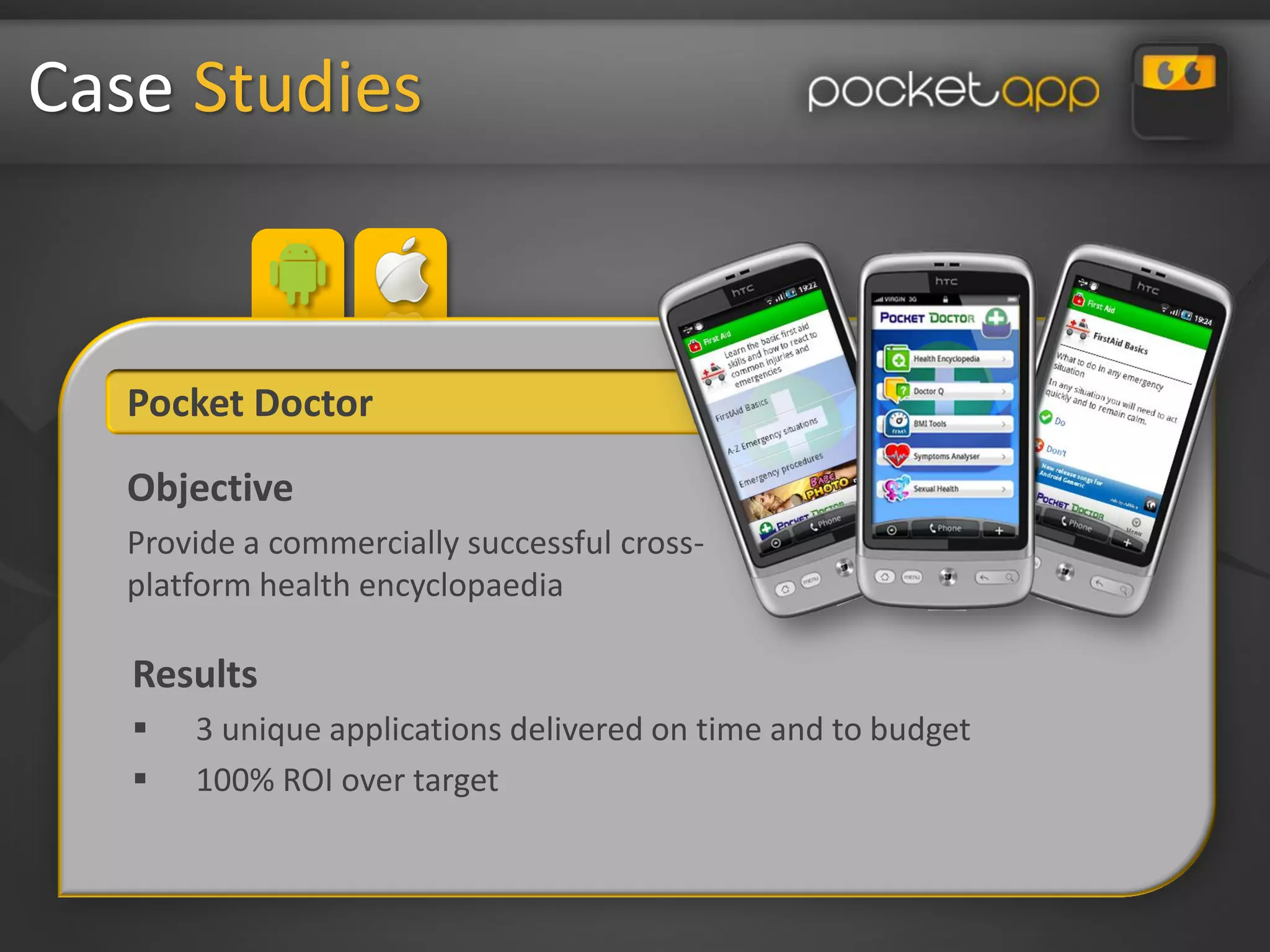 Case Studies


   Pocket Doctor

   Objective
   Provide a commercially successful cross-
   platform health encyclopaedia

   Results
      3 unique applications delivered on time and to budget
      100% ROI over target
 