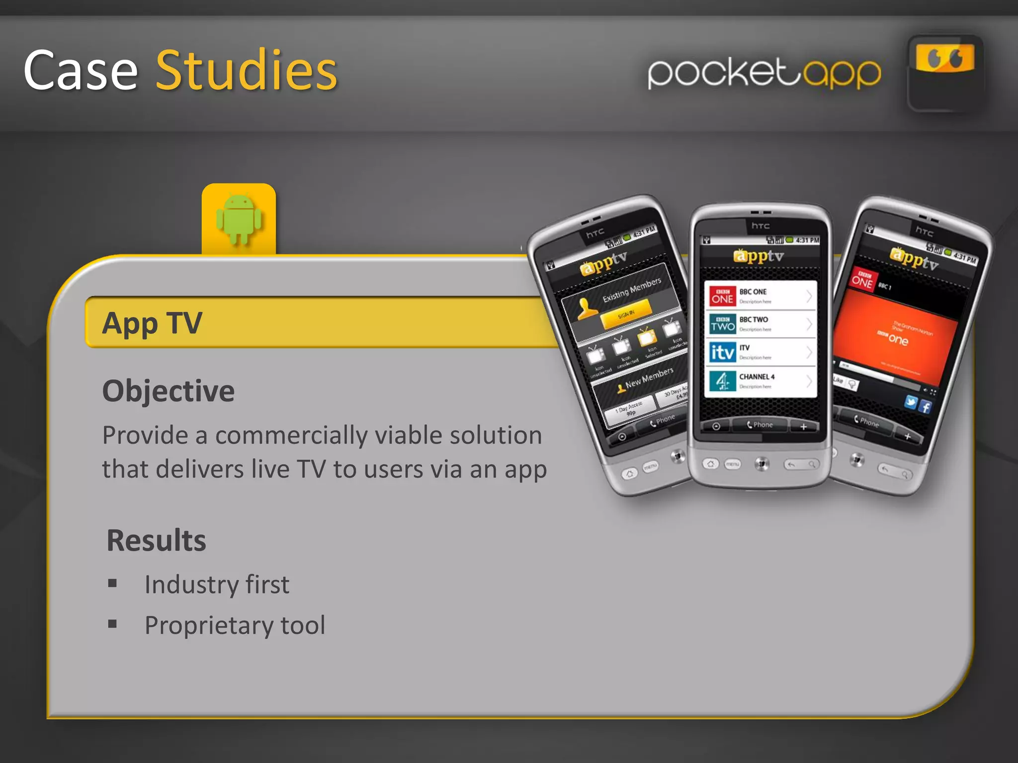 Case Studies


   App TV

   Objective
   Provide a commercially viable solution
   that delivers live TV to users via an app

   Results
    Industry first
    Proprietary tool
 