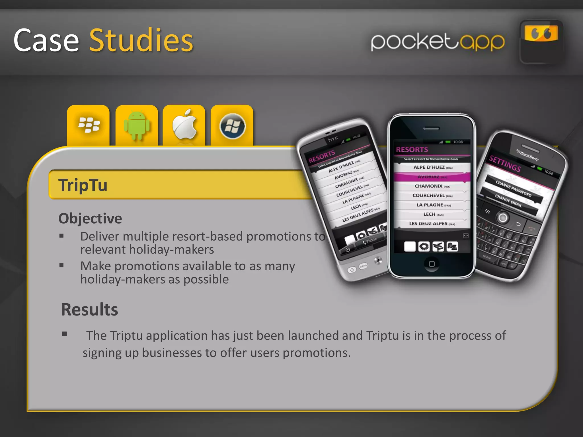 Case Studies


   TripTu
   Objective
      Deliver multiple resort-based promotions to
       relevant holiday-makers
      Make promotions available to as many
       holiday-makers as possible

   Results
       The Triptu application has just been launched and Triptu is in the process of
       signing up businesses to offer users promotions.
 