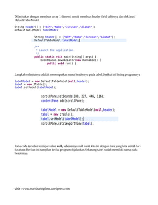 Dilanjutkan dengan membuat array 1 dimensi untuk membuat header field tablenya dan deklarasi
DefaultTableModel.
String header[] = {"NIM","Nama","Jurusan","Alamat"};
DefaultTableModel tabelModel;
Langkah selanjutnya adalah menempatkan nama headernya pada tabel.Berikut ini listing programnya
tabelModel = new DefaultTableModel(null,header);
tabel = new JTable();
tabel.setModel(tabelModel);
Pada code tersebut terdapat value null, sebenarnya null nanti kita isi dengan data yang kita ambil dari
database.Berikut ini tampilan ketika program dijalankan.Sekarang tabel sudah memiliki nama pada
headernya.
visit : www.marisharingilmu.wordpress.com
 