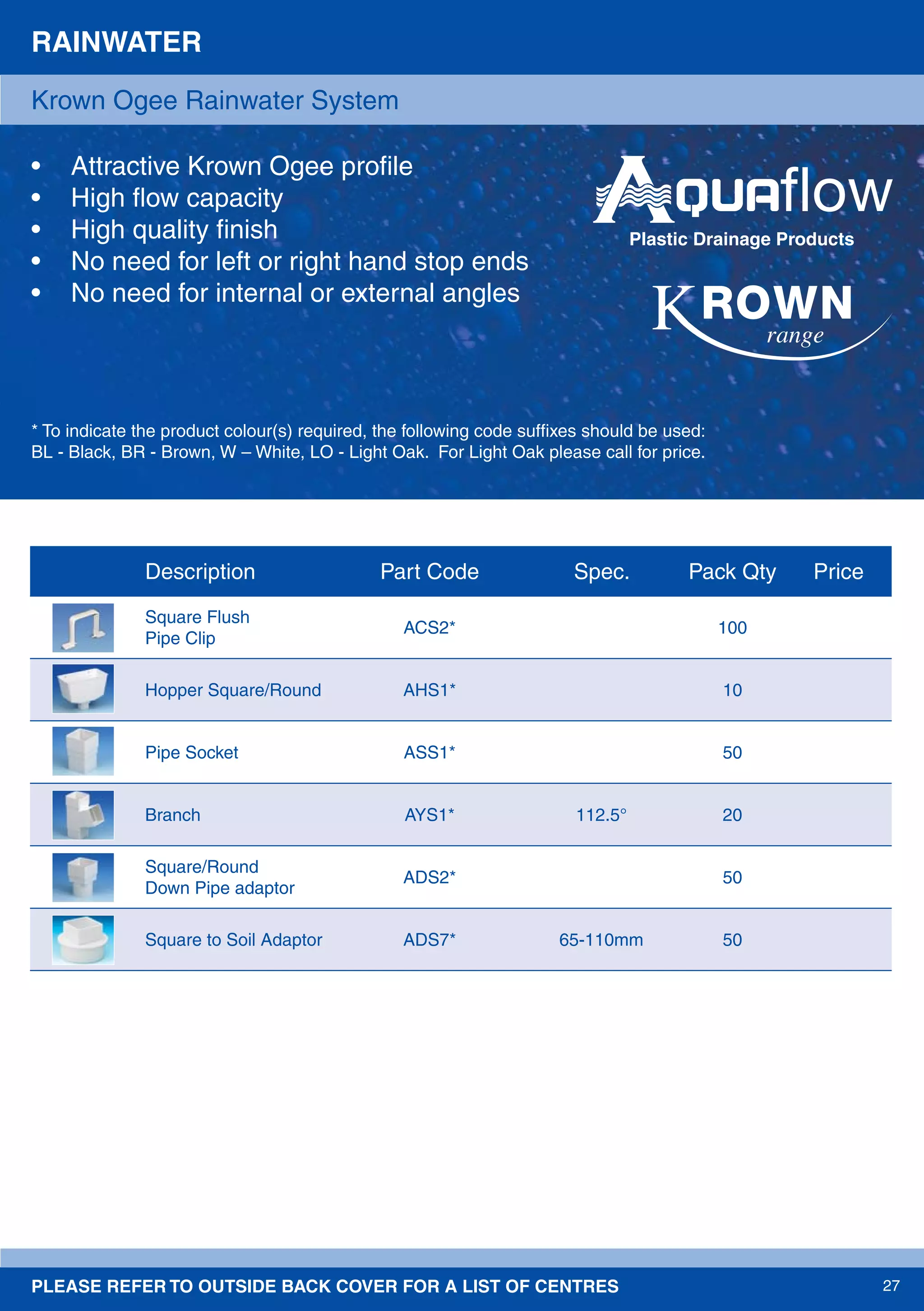 PLEASE REFER TO OUTSIDE BACK COVER FOR A LIST OF CENTRES 27
RAINWATER
• Attractive Krown Ogee proﬁle
• High ﬂow capacity
• High quality ﬁnish
• No need for left or right hand stop ends
• No need for internal or external angles
* To indicate the product colour(s) required, the following code sufﬁxes should be used:
BL - Black, BR - Brown, W – White, LO - Light Oak. For Light Oak please call for price.
Krown Ogee Rainwater System
Description Part Code Spec. Pack Qty Price
Square Flush
Pipe Clip
ACS2* 100
Hopper Square/Round AHS1* 10
Pipe Socket ASS1* 50
Branch AYS1* 112.5° 20
Square/Round
Down Pipe adaptor
ADS2* 50
Square to Soil Adaptor ADS7* 65-110mm 50
Plastic Drainage Products
 