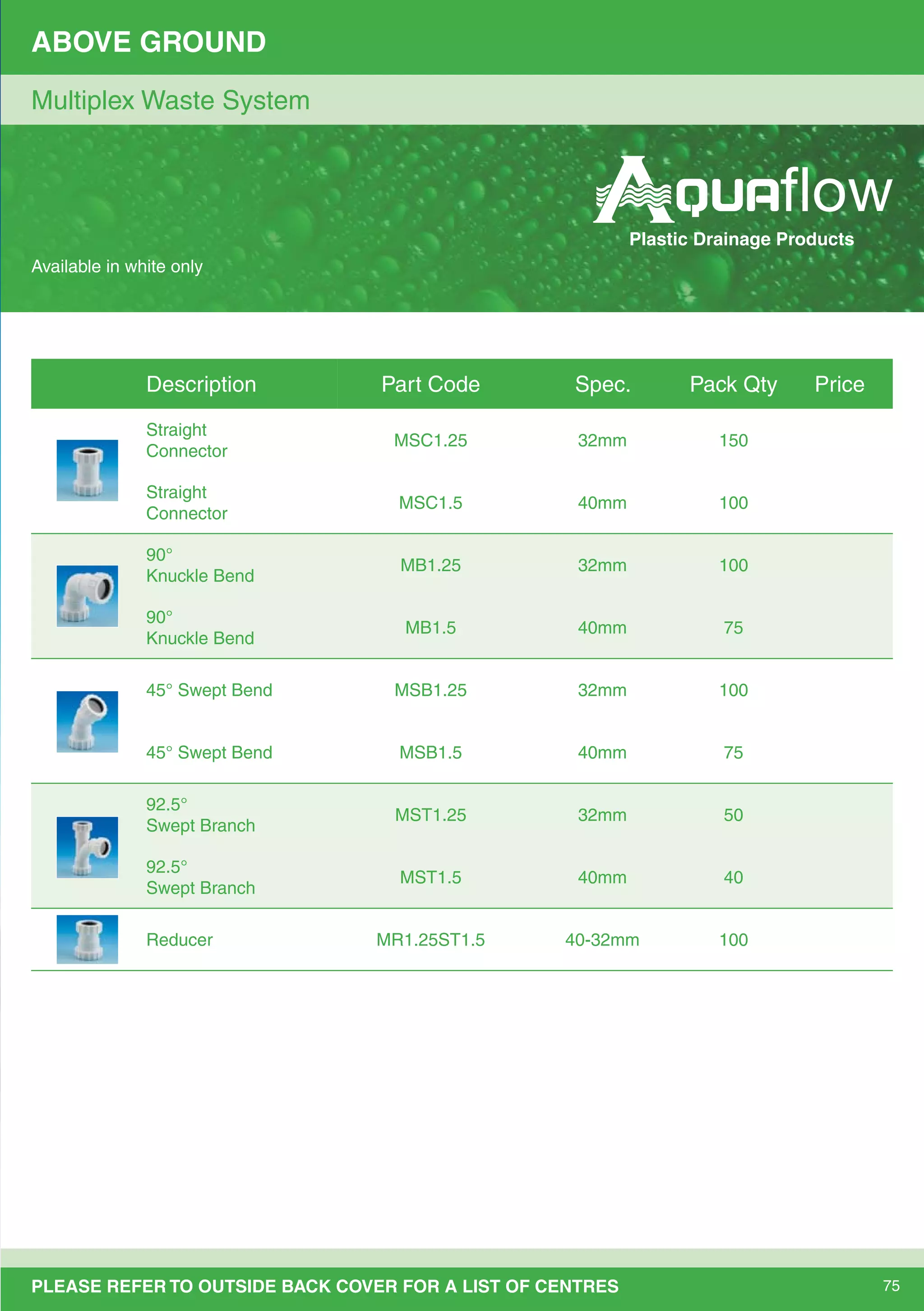 75PLEASE REFER TO OUTSIDE BACK COVER FOR A LIST OF CENTRES
ABOVE GROUND
Multiplex Waste System
Available in white only
Description Part Code Spec. Pack Qty Price
Straight
Connector
MSC1.25 32mm 150
Straight
Connector
MSC1.5 40mm 100
90°
Knuckle Bend
MB1.25 32mm 100
90°
Knuckle Bend
MB1.5 40mm 75
45° Swept Bend MSB1.25 32mm 100
45° Swept Bend MSB1.5 40mm 75
92.5°
Swept Branch
MST1.25 32mm 50
92.5°
Swept Branch
MST1.5 40mm 40
Reducer MR1.25ST1.5 40-32mm 100
Plastic Drainage Products
 