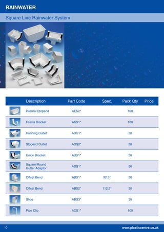 www.plasticcentre.co.uk10
RAINWATER
Square Line Rainwater System
Description Part Code Spec. Pack Qty Price
Internal Stopend AES2* 100
Fascia Bracket AKS1* 100
Running Outlet AOS1* 20
Stopend Outlet AOS2* 20
Union Bracket AUS1* 30
Square/Round
Gutter Adaptor
ADS1* 30
Offset Bend ABS1* 92.5° 30
Offset Bend ABS2* 112.5° 30
Shoe ABS3* 30
Pipe Clip ACS1* 100
 