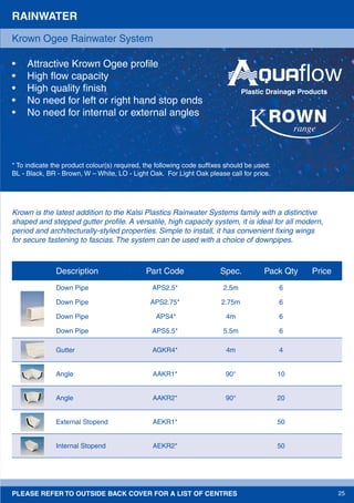 PLEASE REFER TO OUTSIDE BACK COVER FOR A LIST OF CENTRES 25
RAINWATER
• Attractive Krown Ogee proﬁle
• High ﬂow capacity
• High quality ﬁnish
• No need for left or right hand stop ends
• No need for internal or external angles
* To indicate the product colour(s) required, the following code sufﬁxes should be used:
BL - Black, BR - Brown, W – White, LO - Light Oak. For Light Oak please call for price.
Krown Ogee Rainwater System
Description Part Code Spec. Pack Qty Price
Down Pipe APS2.5* 2.5m 6
Down Pipe APS2.75* 2.75m 6
Down Pipe APS4* 4m 6
Down Pipe APS5.5* 5.5m 6
Gutter AGKR4* 4m 4
Angle AAKR1* 90° 10
Angle AAKR2* 90° 20
External Stopend AEKR1* 50
Internal Stopend AEKR2* 50
Krown is the latest addition to the Kalsi Plastics Rainwater Systems family with a distinctive
shaped and stepped gutter proﬁle. A versatile, high capacity system, it is ideal for all modern,
period and architecturally-styled properties. Simple to install, it has convenient ﬁxing wings
for secure fastening to fascias. The system can be used with a choice of downpipes.
Plastic Drainage Products
 