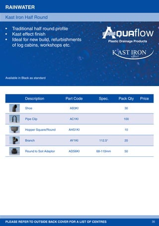 PLEASE REFER TO OUTSIDE BACK COVER FOR A LIST OF CENTRES 35
Description Part Code Spec. Pack Qty Price
Shoe AB3KI 30
Pipe Clip AC1KI 100
Hopper Square/Round AHS1KI 10
Branch AY1KI 112.5° 20
Round to Soil Adaptor ADS6KI 68-110mm 50
RAINWATER
• Traditional half round proﬁle
• Kast effect ﬁnish
• Ideal for new build, refurbishments
of log cabins, workshops etc.
Kast Iron Half Round
effect
Plastic Drainage Products
Available in Black as standard
 