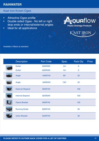 PLEASE REFER TO OUTSIDE BACK COVER FOR A LIST OF CENTRES 37
Available in Black as standard
RAINWATER
• Attractive Ogee proﬁle
• Double sided Ogee - No left or right
stop ends or internal/external angles
• Ideal for all applications
Kast Iron Krown Ogee
effect
Plastic Drainage Products
Description Part Code Spec. Pack Qty Price
Gutter AGKR2KI 2m 6
Gutter AGKR4KI 4m 6
Angle AAKR1KI 90° 20
Angle AAKR2KI 135° 20
External Stopend AEKR1KI 100
Internal Stopend AEKR2KI 100
Fascia Bracket AKKR1KI 100
Running Outlet AOKR1KI 20
Union Bracket AUKR1KI 30
 