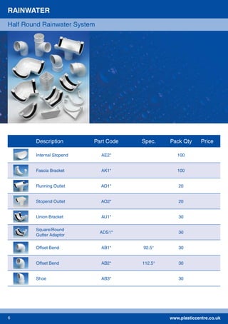 www.plasticcentre.co.uk6
Description Part Code Spec. Pack Qty Price
Internal Stopend AE2* 100
Fascia Bracket AK1* 100
Running Outlet AO1* 20
Stopend Outlet AO2* 20
Union Bracket AU1* 30
Square/Round
Gutter Adaptor
ADS1* 30
Offset Bend AB1* 92.5° 30
Offset Bend AB2* 112.5° 30
Shoe AB3* 30
RAINWATER
Half Round Rainwater System
 